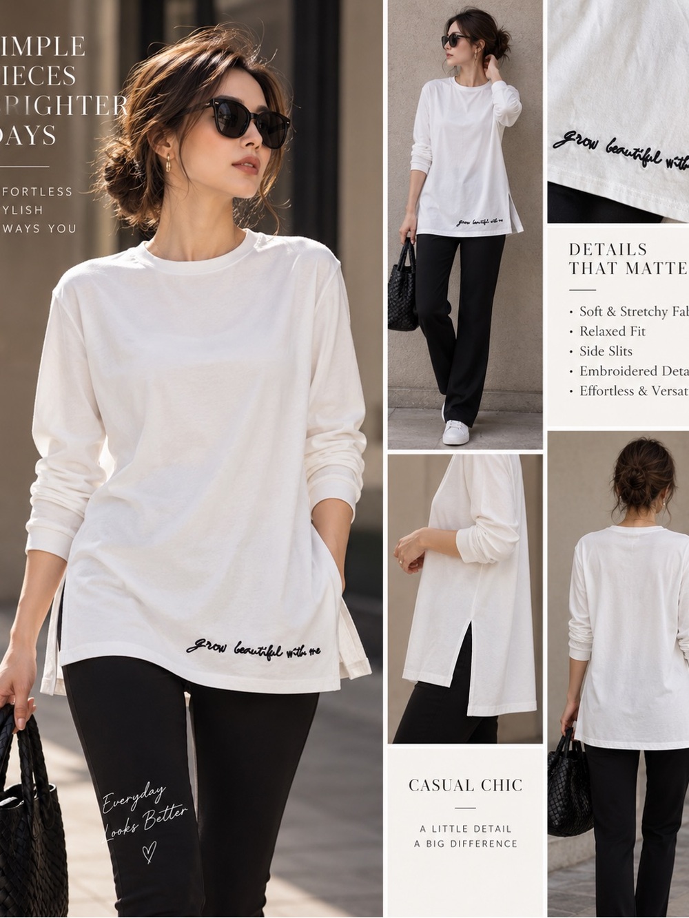 White Relaxed Stretch Long Sleeve Top Embroidered Hem Side Slits